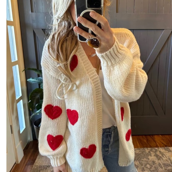 New Heart Embroidered Cardigan Sweater ~ Sweetest Oversized Knit Valentine' Day - Picture 2 of 9